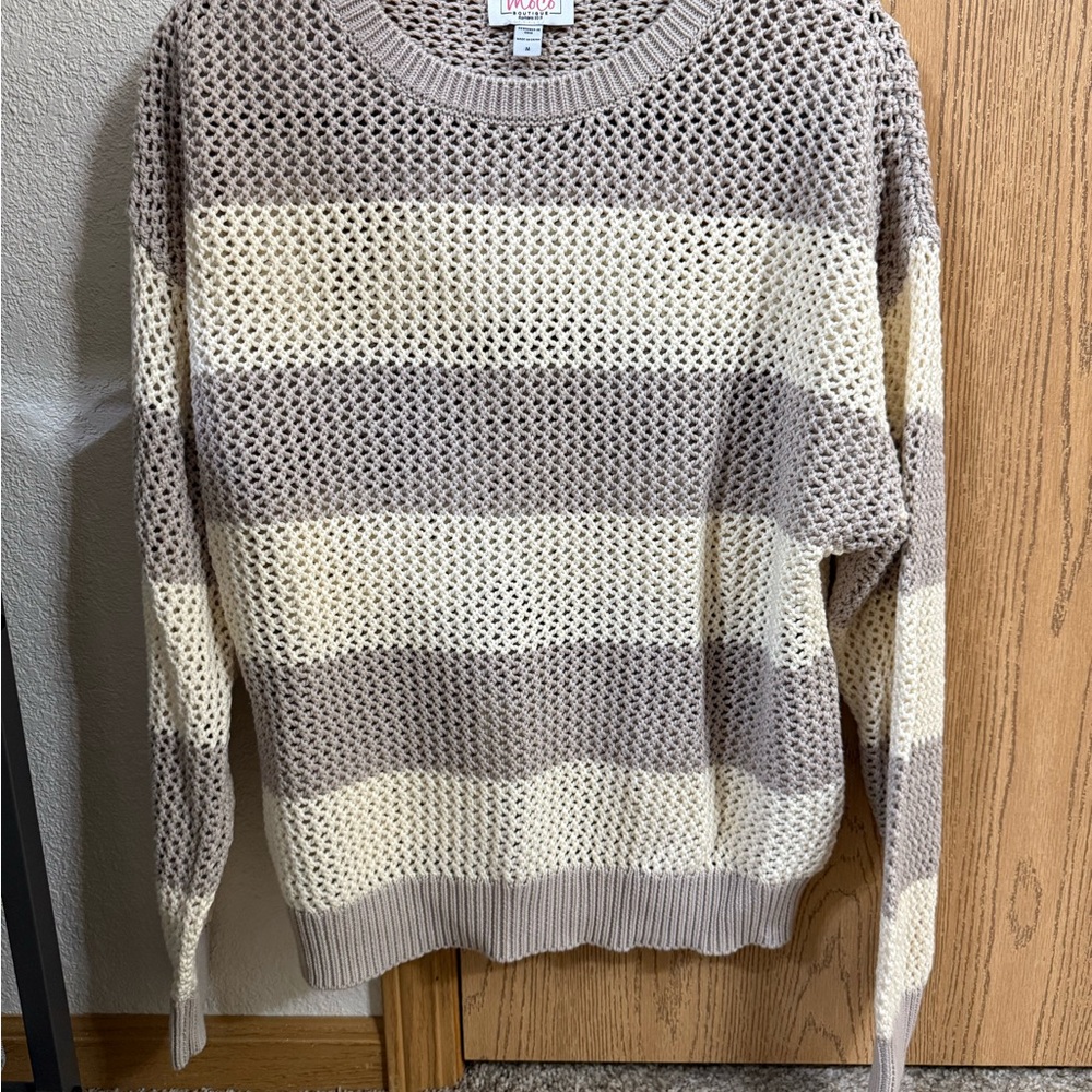 Women's Striped Crewneck Sweater - Taupe and Cream